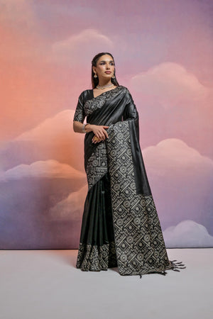 Black Handloom Raw Silk Weaving Designer Saree with Blouse