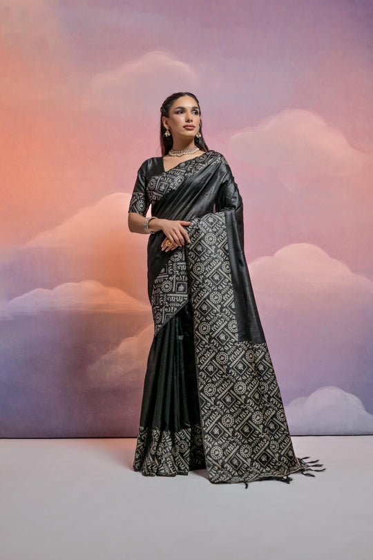 Black Handloom Raw Silk Weaving Designer Saree with Blouse