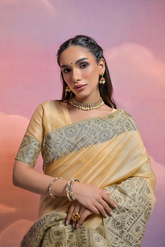 Cream Handloom Raw Silk Weaving Designer Saree with Blouse