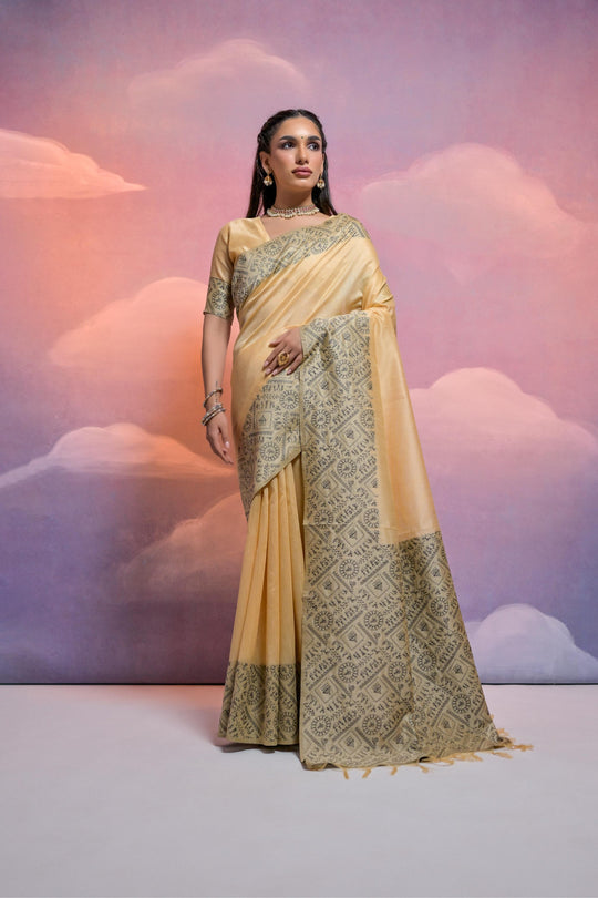 Cream Handloom Raw Silk Weaving Designer Saree with Blouse