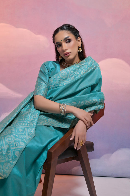 Firozi Handloom Raw Silk Weaving Designer Saree with Blouse