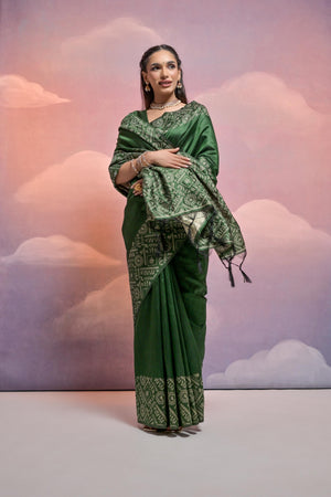 Bottle Green Handloom Raw Silk Weaving Designer Saree with Blouse
