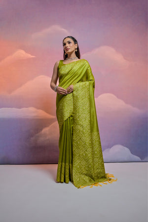 Mehendi Handloom Raw Silk Weaving Designer Saree with Blouse