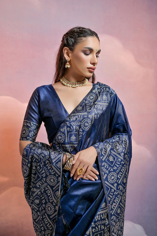 Navy Blue Handloom Raw Silk Weaving Designer Saree with Blouse