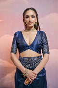 Navy Blue Handloom Raw Silk Weaving Designer Saree with Blouse