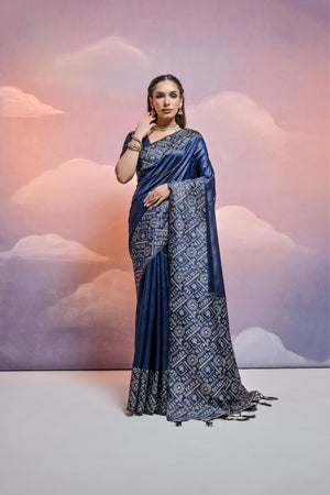 Navy Blue Handloom Raw Silk Weaving Designer Saree with Blouse