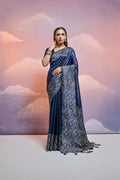 Navy Blue Handloom Raw Silk Weaving Designer Saree with Blouse