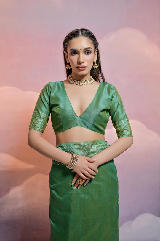 Green Handloom Raw Silk Weaving Designer Saree with Blouse