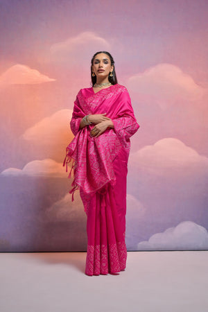 Rani Pink Handloom Raw Silk Weaving Designer Saree with Blouse