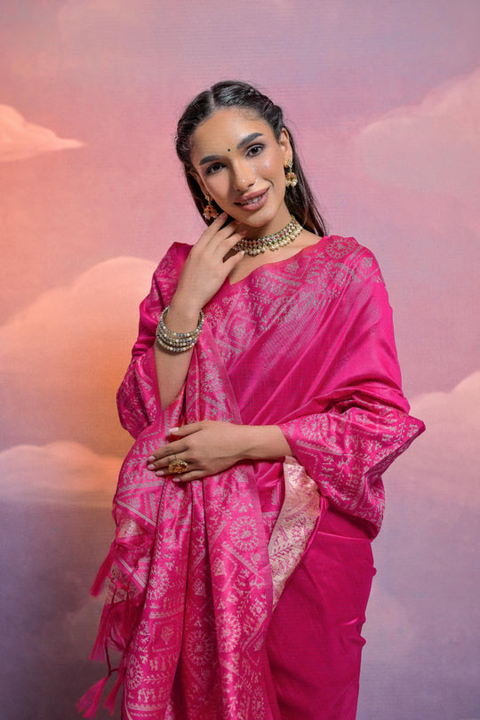 Rani Pink Handloom Raw Silk Weaving Designer Saree with Blouse