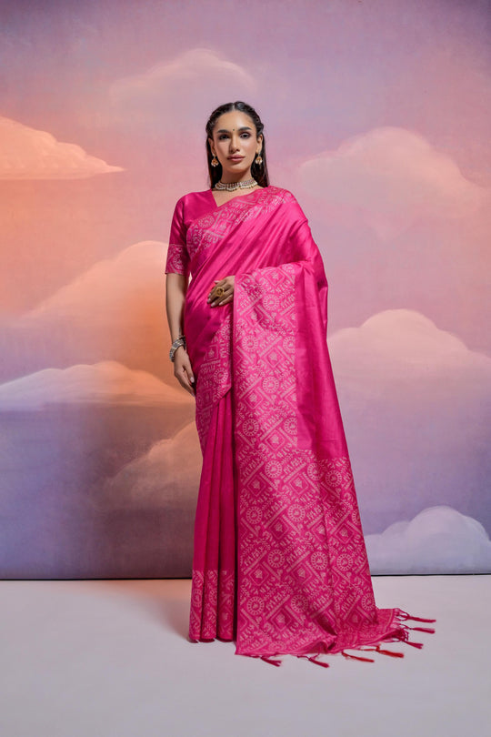 Rani Pink Handloom Raw Silk Weaving Designer Saree with Blouse