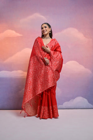 Red Handloom Raw Silk Weaving Designer Saree with Blouse
