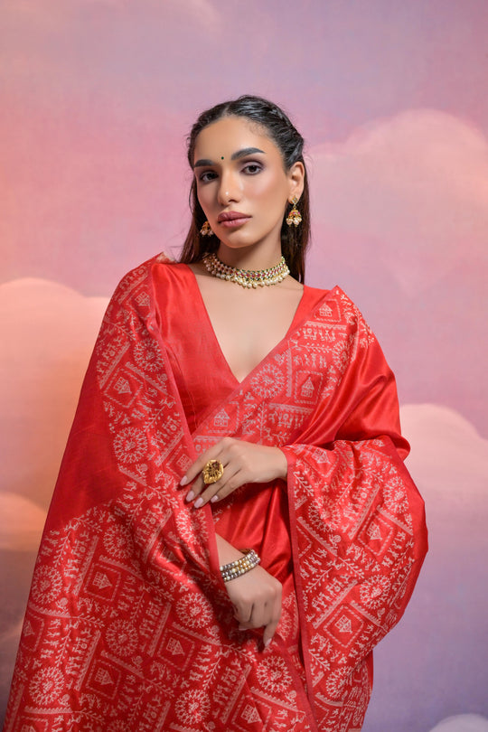 Red Handloom Raw Silk Weaving Designer Saree with Blouse