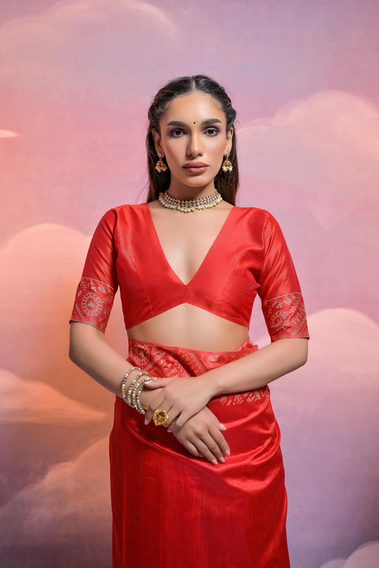 Red Handloom Raw Silk Weaving Designer Saree with Blouse
