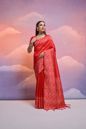 Red Handloom Raw Silk Weaving Designer Saree with Blouse