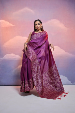 Wine Handloom Raw Silk Weaving Designer Saree with Blouse