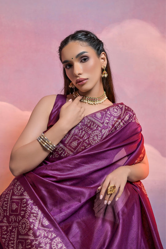 Wine Handloom Raw Silk Weaving Designer Saree with Blouse