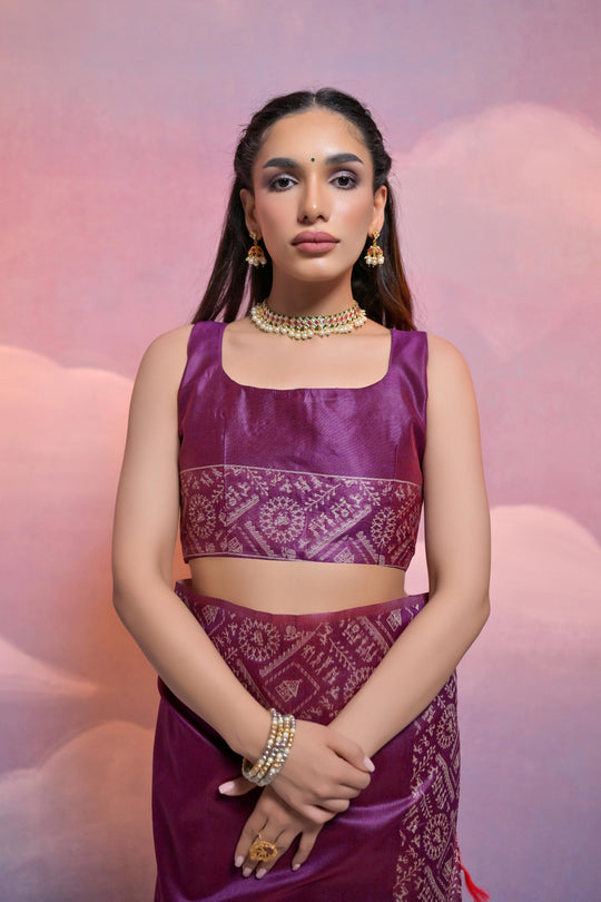 Wine Handloom Raw Silk Weaving Designer Saree with Blouse