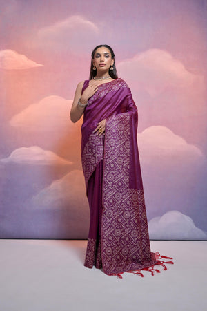 Wine Handloom Raw Silk Weaving Designer Saree with Blouse