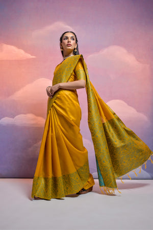 Yellow Handloom Raw Silk Weaving Designer Saree with Blouse