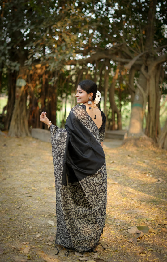 Black Handloom Raw Silk Weaving Designer Saree with Blouse