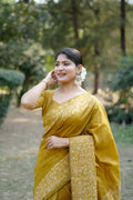 Mustard Handloom Raw Silk Weaving Designer Saree with Blouse