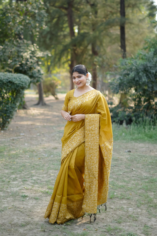 Mustard Handloom Raw Silk Weaving Designer Saree with Blouse