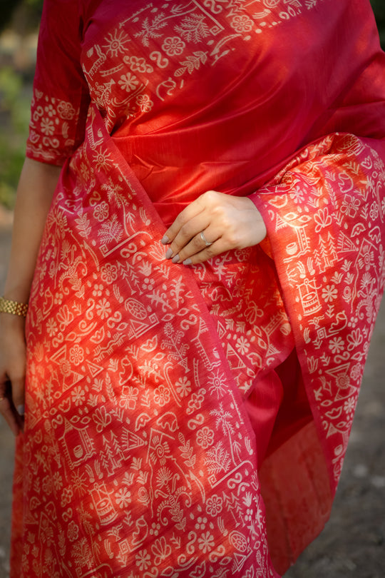 Red Handloom Raw Silk Weaving Designer Saree with Blouse