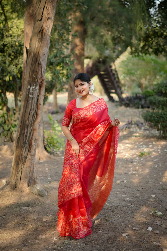 Red Handloom Raw Silk Weaving Designer Saree with Blouse