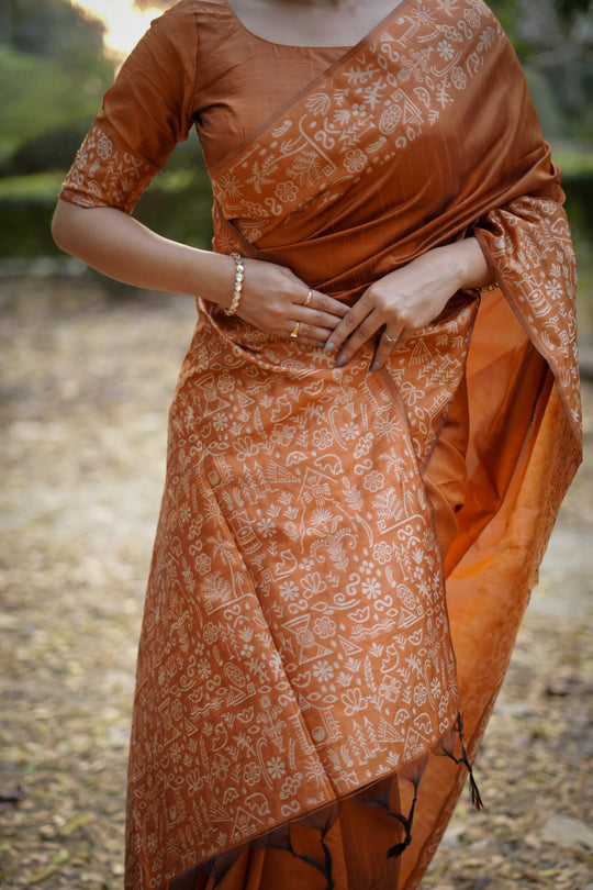 Orange Handloom Raw Silk Weaving Designer Saree with Blouse