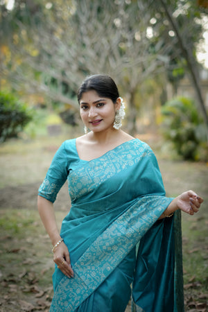 Firozi Handloom Raw Silk Weaving Designer Saree with Blouse