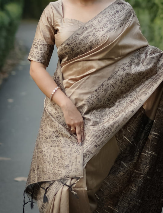 Beige Handloom Raw Silk Weaving Designer Saree with Blouse