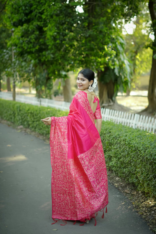 Pink Handloom Raw Silk Weaving Designer Saree with Blouse