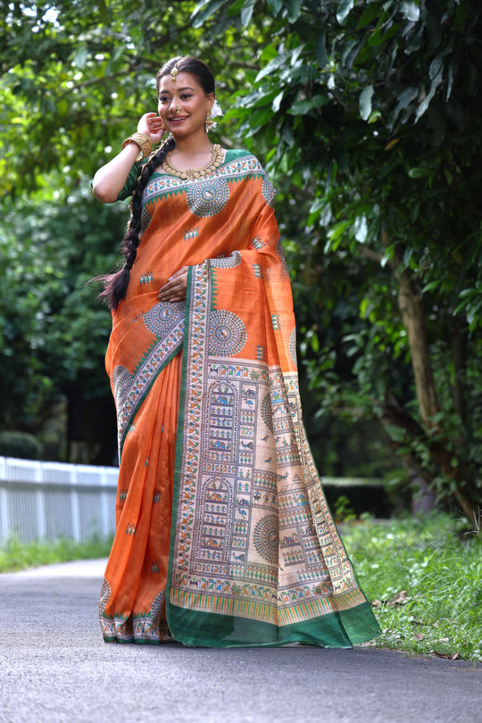 Orange Soft Tussar Silk Printed Designer Saree with Blouse