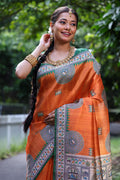 Orange Soft Tussar Silk Printed Designer Saree with Blouse