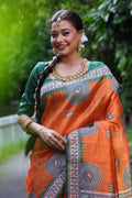 Orange Soft Tussar Silk Printed Designer Saree with Blouse