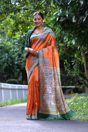 Orange Soft Tussar Silk Printed Designer Saree with Blouse