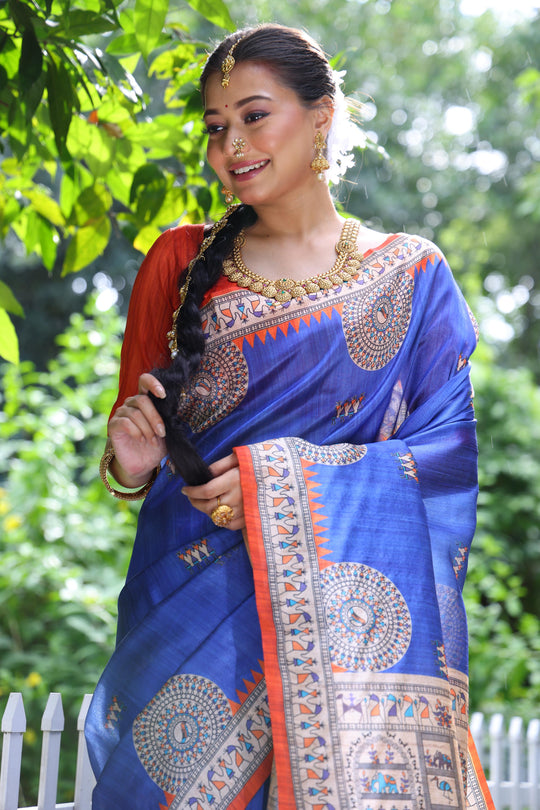 Blue Soft Tussar Silk Printed Designer Saree with Blouse