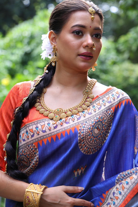 Blue Soft Tussar Silk Printed Designer Saree with Blouse