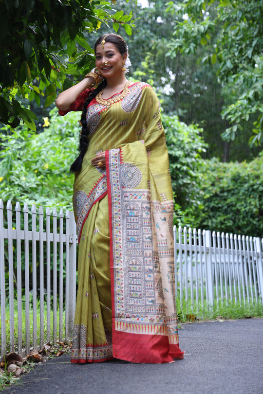 Green Soft Tussar Silk Printed Designer Saree with Blouse