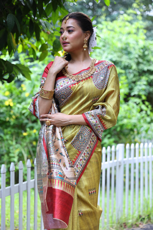 Green Soft Tussar Silk Printed Designer Saree with Blouse