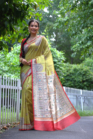 Green Soft Tussar Silk Printed Designer Saree with Blouse