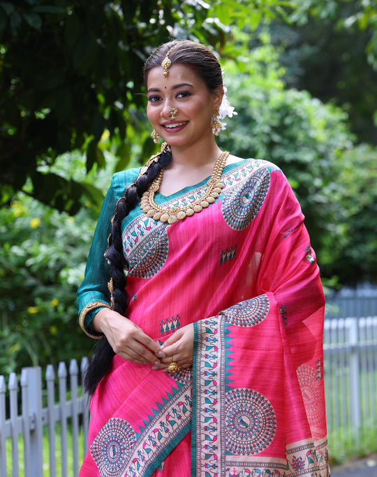 Pink Soft Tussar Silk Printed Designer Saree with Blouse