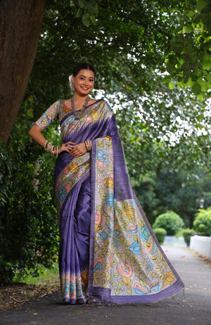 Purple Soft Tussar Silk Kalamkari Printed Designer Saree with Blouse