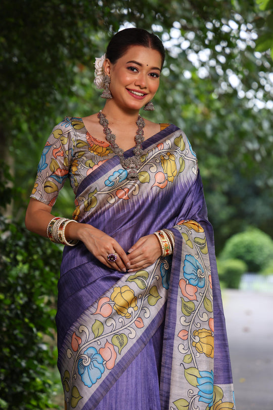 Purple Soft Tussar Silk Kalamkari Printed Designer Saree with Blouse