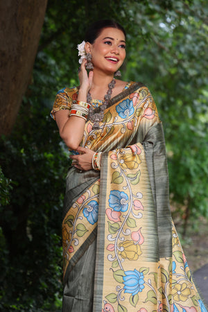 Grey Soft Tussar Silk Kalamkari Printed Designer Saree with Blouse