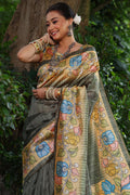 Grey Soft Tussar Silk Kalamkari Printed Designer Saree with Blouse