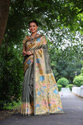 Grey Soft Tussar Silk Kalamkari Printed Designer Saree with Blouse