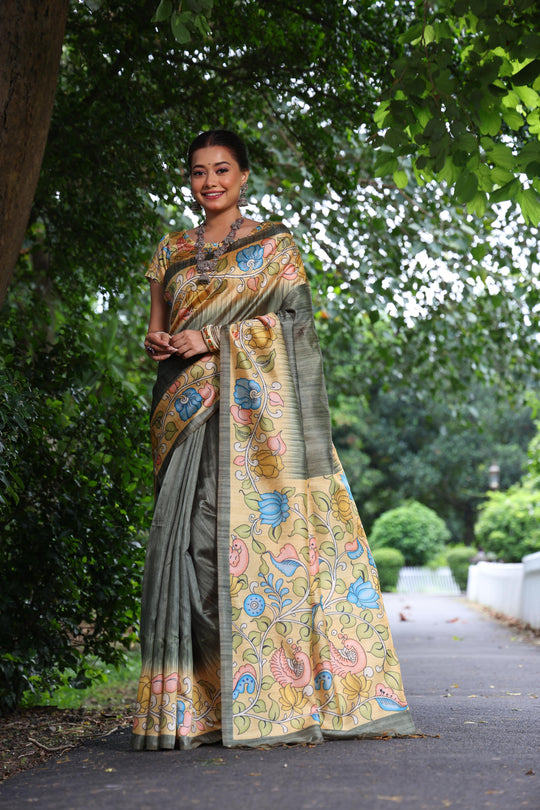 Grey Soft Tussar Silk Kalamkari Printed Designer Saree with Blouse