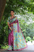 Wine Soft Tussar Silk Kalamkari Printed Designer Saree with Blouse